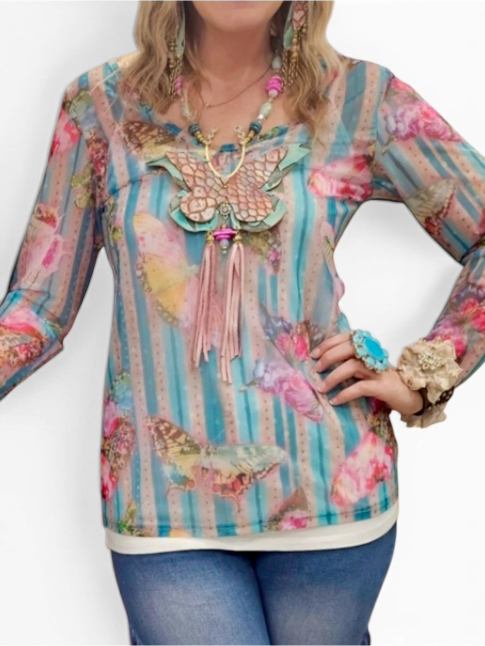 A Rare Bird Striped Pastel Butterfly Long Sleeve Mesh Layering Top
